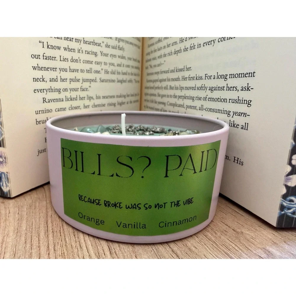 BILLS? PAID Candle – Pyrite, Green Aventurine Wealth Manifestation Candle